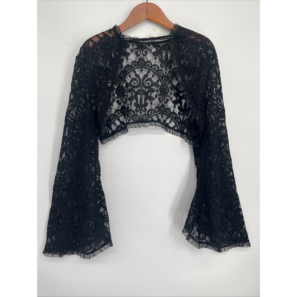 Witchy Whimsigoth Boho Women's Sz L Black Lace Big Bell Sleeve Bolero Shrug Top